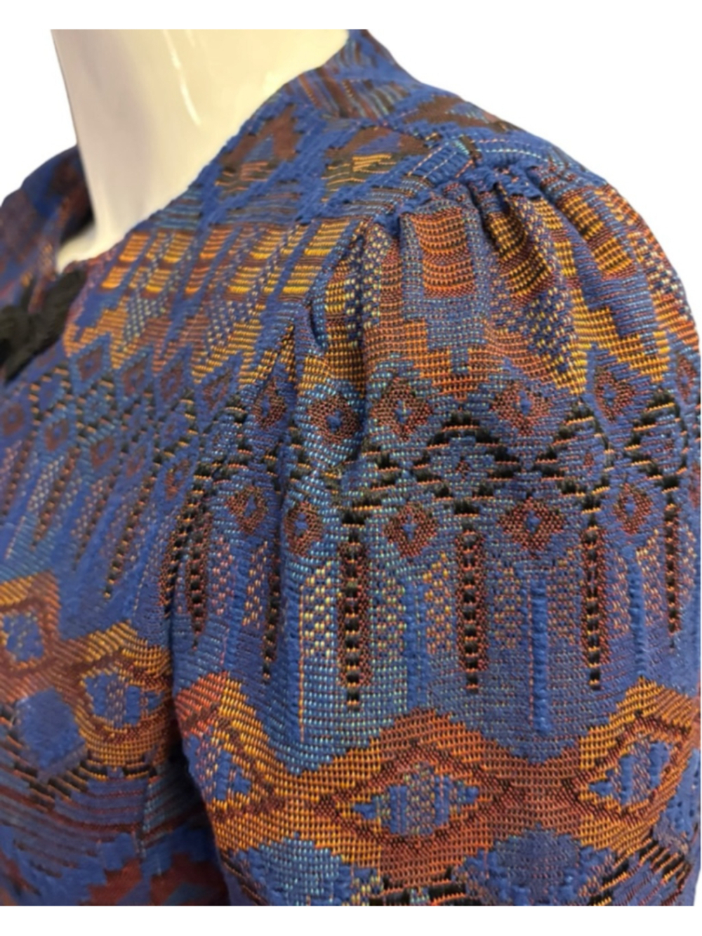 Vintage 80s Blue Copper Jacquard Cropped Evening Jacket,M, Frog Closure Boutique - Picture 9 of 13
